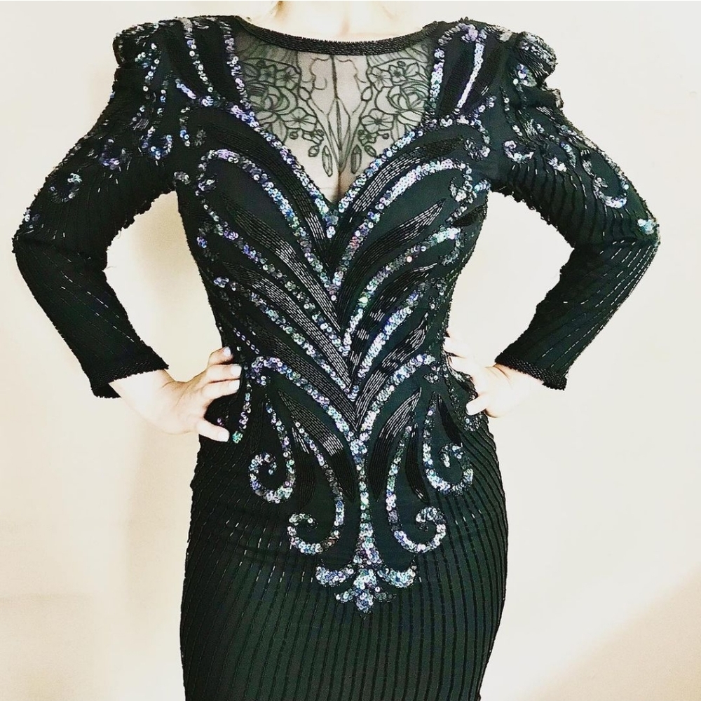 Vintage A.J. Bari silk sequined dynasty cocktail dress with shoulder pads